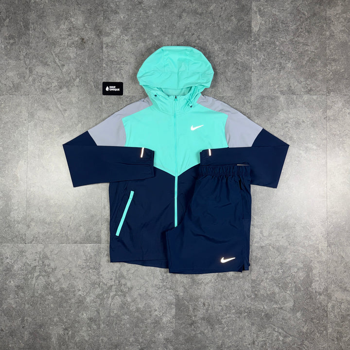 Nike UV Windrunner Jacket Turquoise / Navy & Navy Challenger Shorts Set, nike set, dripuniqueuk