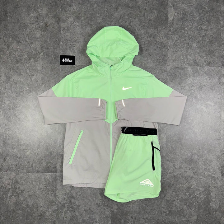 Nike UV Windrunner Jacket Vapour Green & Trail Stride Shorts Set, Nike Sets, dripuniqueuk