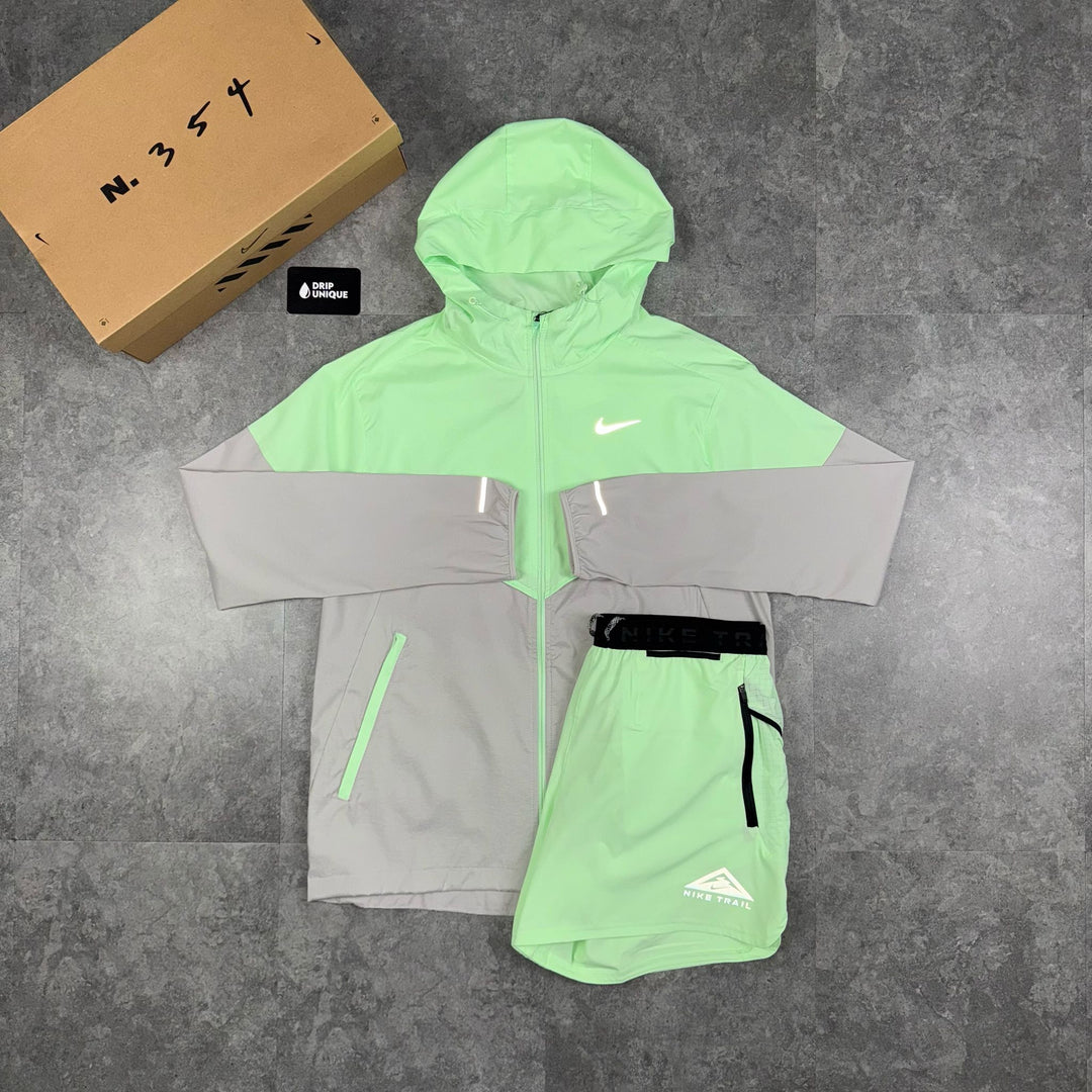 Nike UV Windrunner Jacket Vapour Green & Trail Stride Shorts Set, Nike Windrunner Set, dripuniqueuk