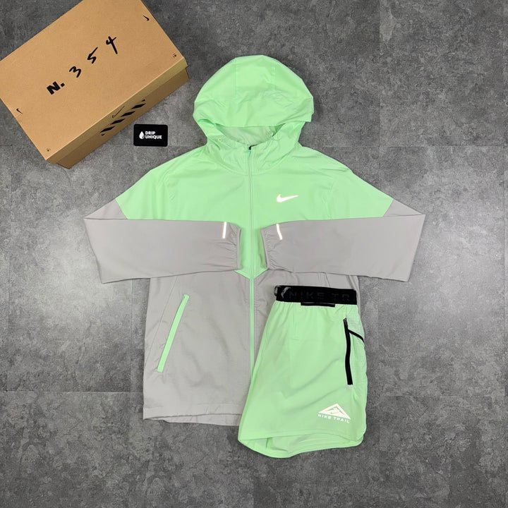 Nike UV Windrunner Jacket Vapour Green & Trail Stride Shorts Set, Nike Windrunner Set, dripuniqueuk