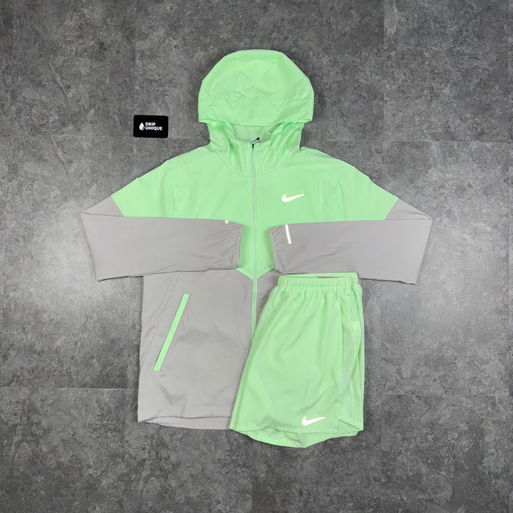 Nike UV Windrunner Jacket Vapour Green & Vapour Green Challenger Shorts Set, Nike Windrunner Sets, dripuniqueuk