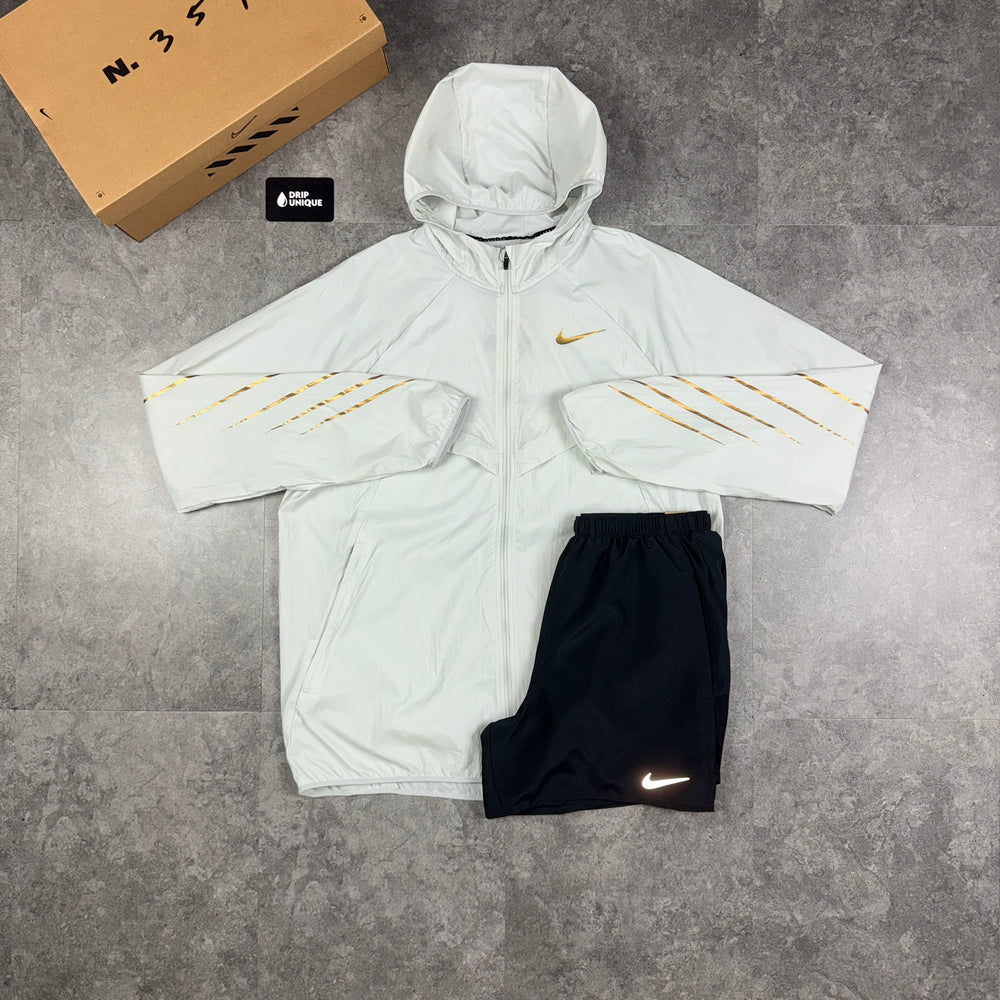 Nike UV Windrunner Jacket White & Gold & Black Challenger Shorts Set, Nike Sets, dripuniqueuk