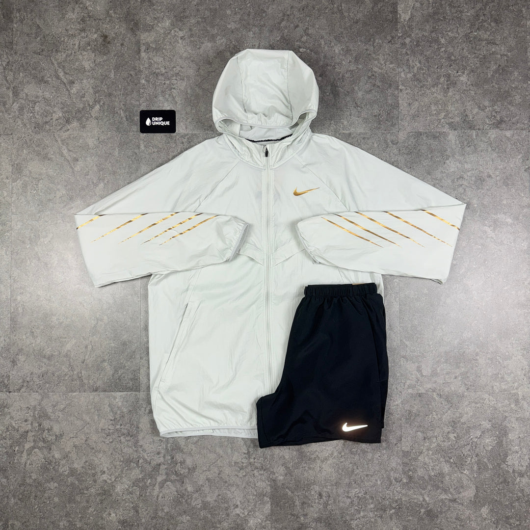 Nike UV Windrunner Jacket White & Gold & Black Challenger Shorts Set, Nike Sets for men, dripuniqueuk