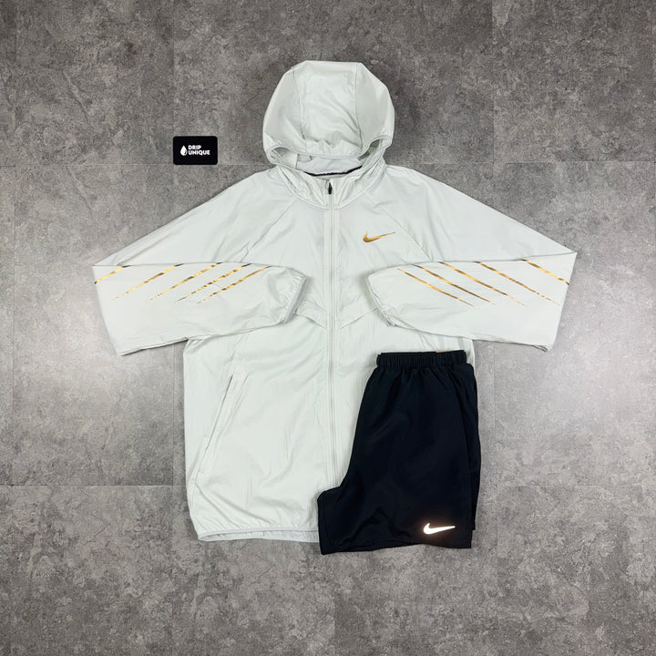 Nike UV Windrunner Jacket White & Gold & Black Challenger Shorts Set, Nike Sets for men, dripuniqueuk
