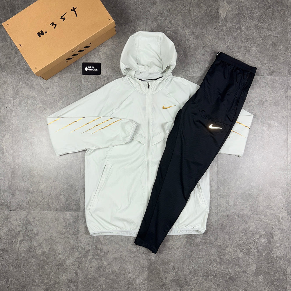 Nike UV Windrunner Jacket White & Gold & Black Nike Phenom Pants Set, Nike Sets, dripuniqueuk