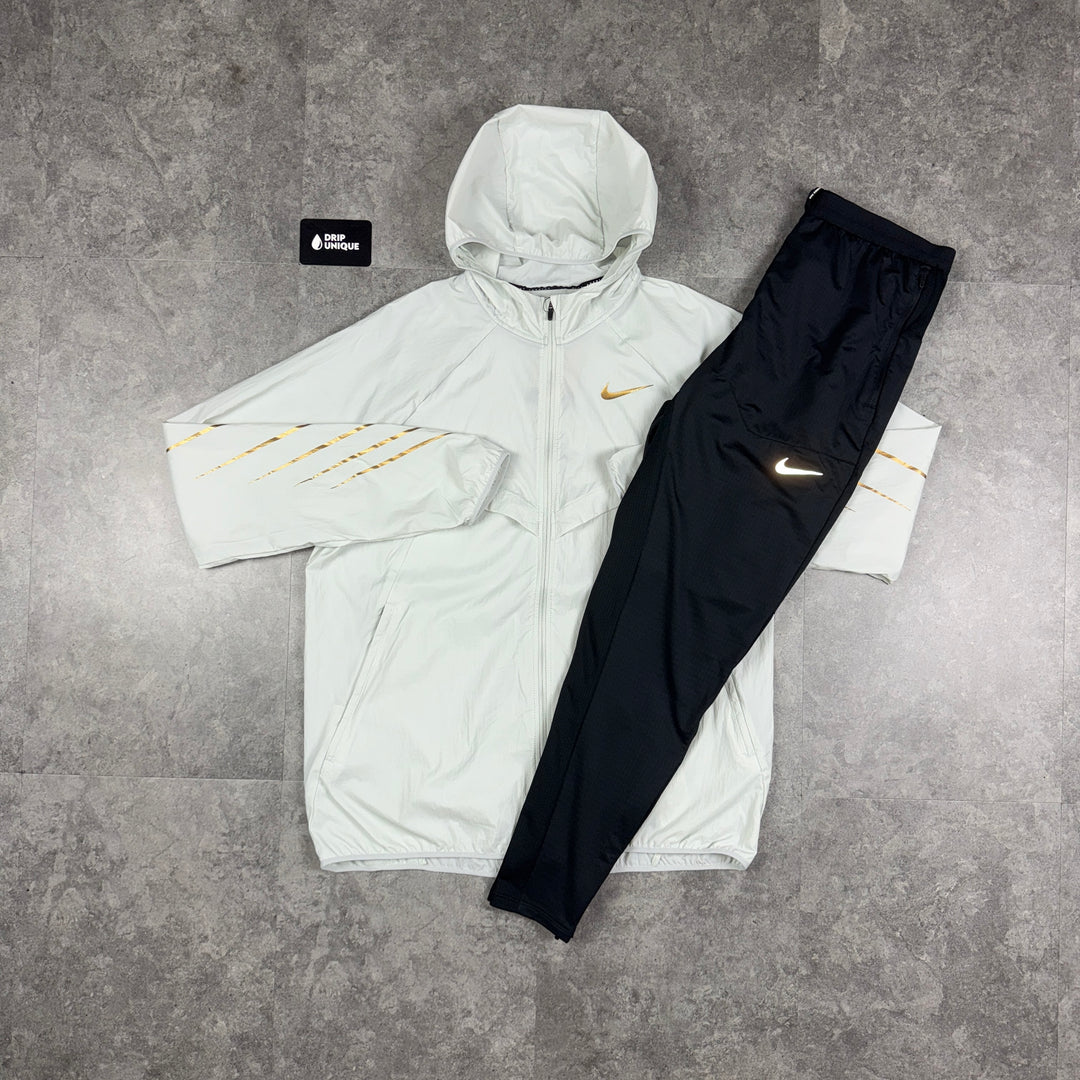 Nike UV Windrunner Jacket White & Gold & Black Nike Phenom Pants Set, Nike Sets for men, dripuniqueuk