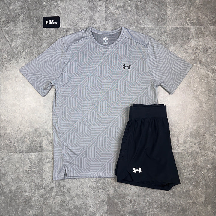 Under Armour Geo Tessa T-Shirt Grey & Launch Speedpocket Shorts Set, Under Armour Sets, dripuniqueuk