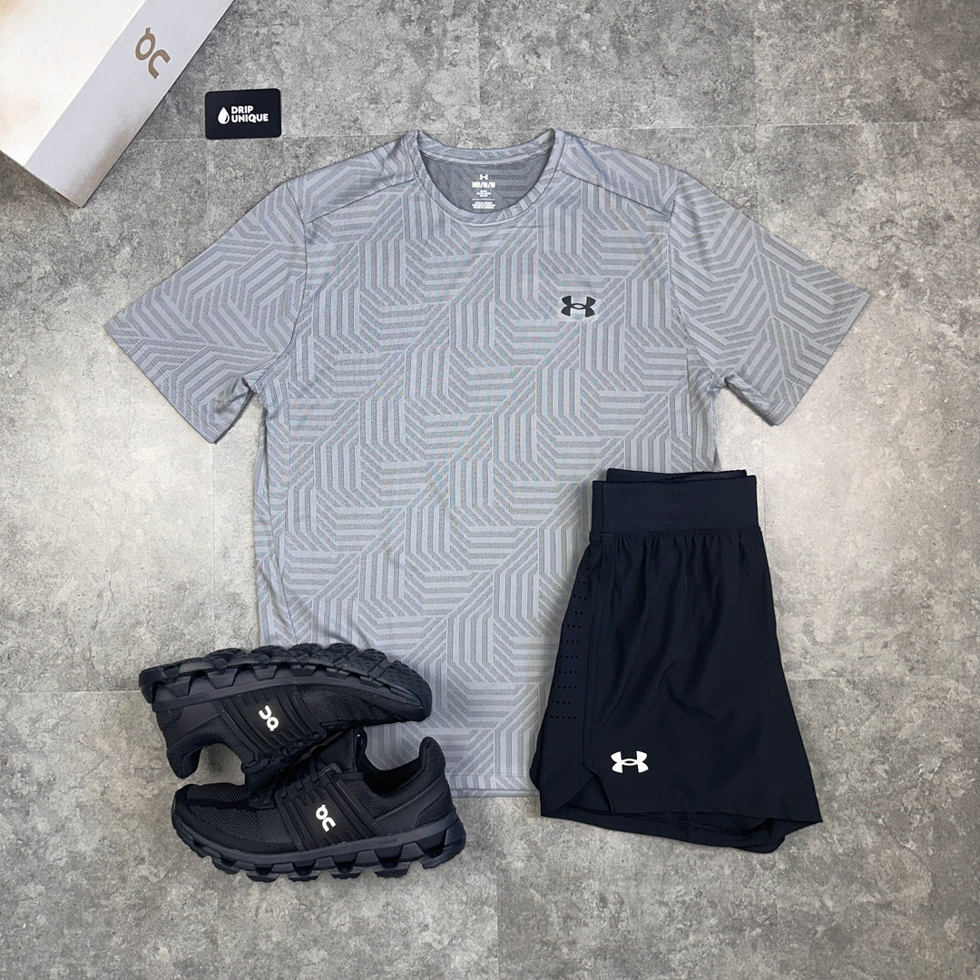 Under Armour Geo Tessa T-Shirt Grey & Launch Speedpocket Shorts Set, Under Armour T Shirt, dripuniqueuk