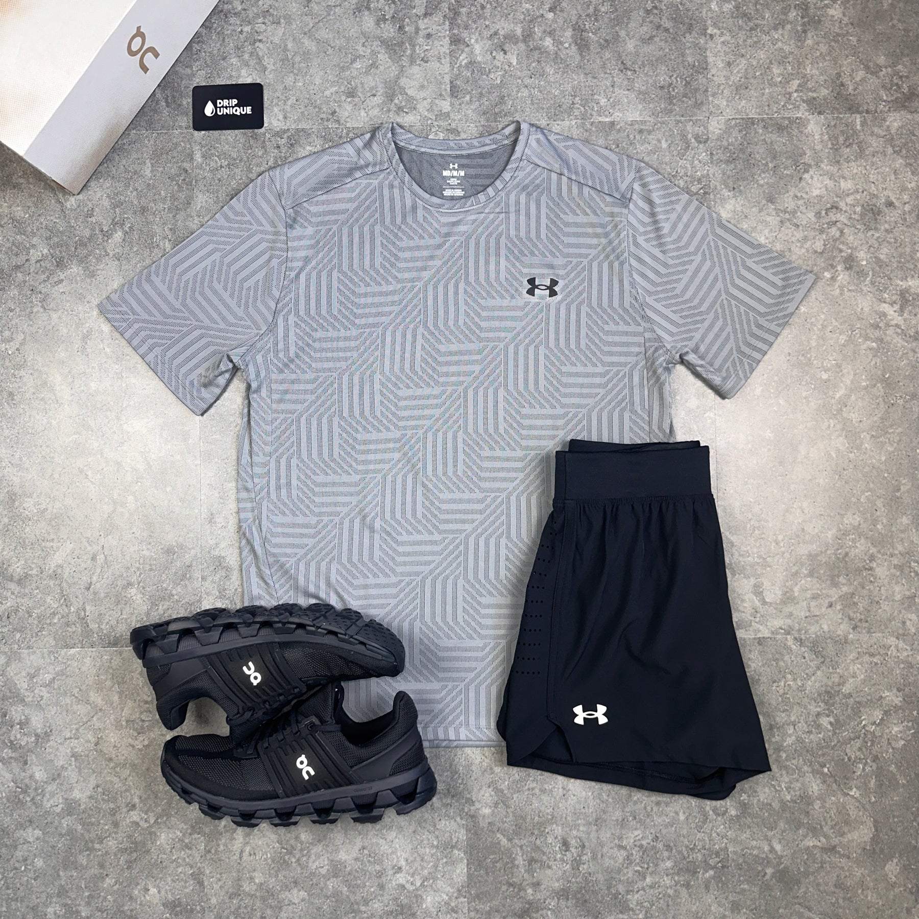 Under Armour Geo Tessa T Shirt Grey Launch Speedpocket Shorts Set