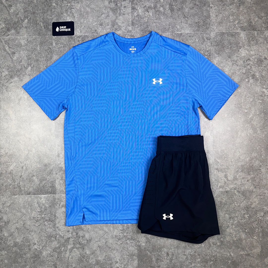 Under Armour Geo Tessa Vent T-Shirt Blue & Launch Speedpocket Shorts Set, Under Armour Set, dripuniqueuk