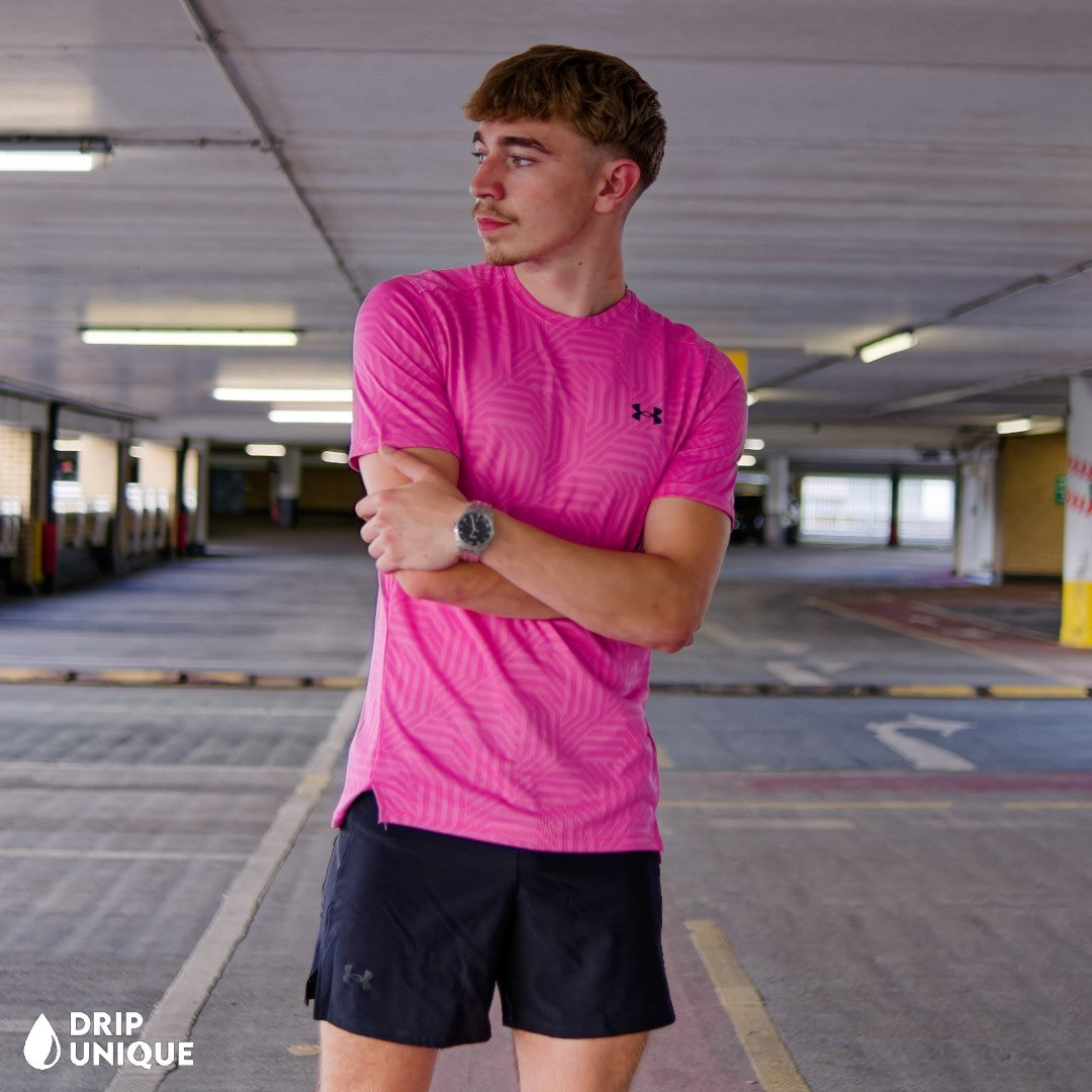 Under Armour Geo Tessa Vent T-Shirt Pink & Launch Speedpocket Shorts Set, Under Armour Sets Mens, dripuniqueuk
