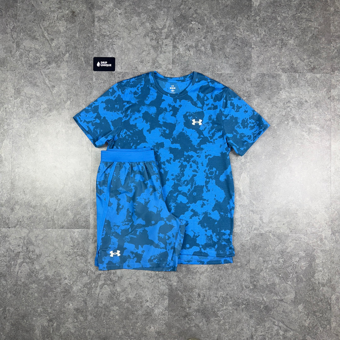 Under Armour Launch Printed T-Shirt Blue & Launch Speedpocket Shorts Set, Under Armour Set, dripuniqueuk