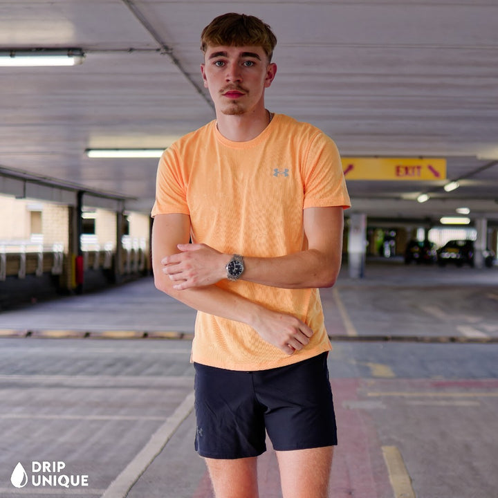 Under Armour Splash T-Shirt Orange & Launch Speedpocket Shorts Set, Under Armour Short Set, dripuniqueuk