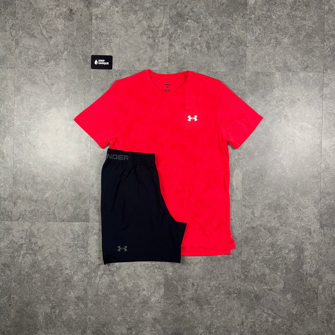 Under Armour Tech Camo T-Shirt Crimson Red & Black Vanish Shorts Set, under armour set, dripuniqueuk