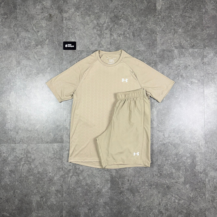Under Armour Tech Emboss T-Shirt Stone & Stone Tech Shorts Set, under armour set, dripuniqueuk