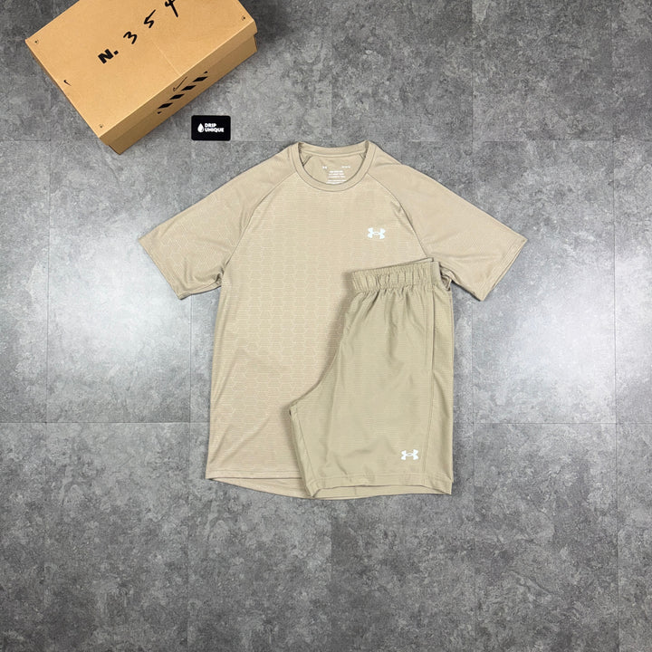 Under Armour Tech Emboss T-Shirt Stone & Stone Tech Shorts Set, under armour tshirt set, dripuniqueuk