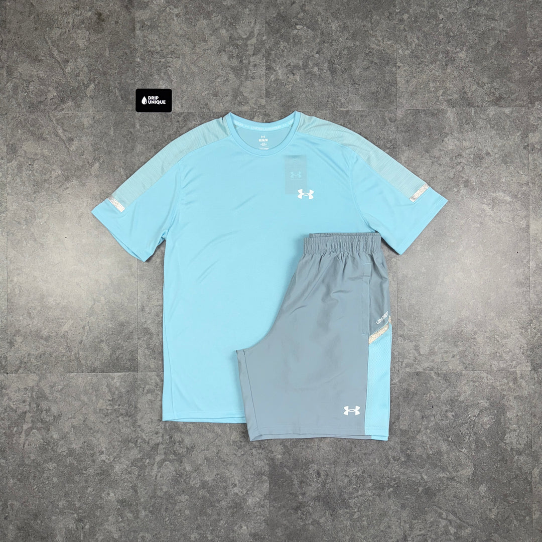 Under Armour Tech Utility T-Shirt Baby Blue & Grey Tech Utility Shorts Set, Under Armour Sets, dripuniqueuk