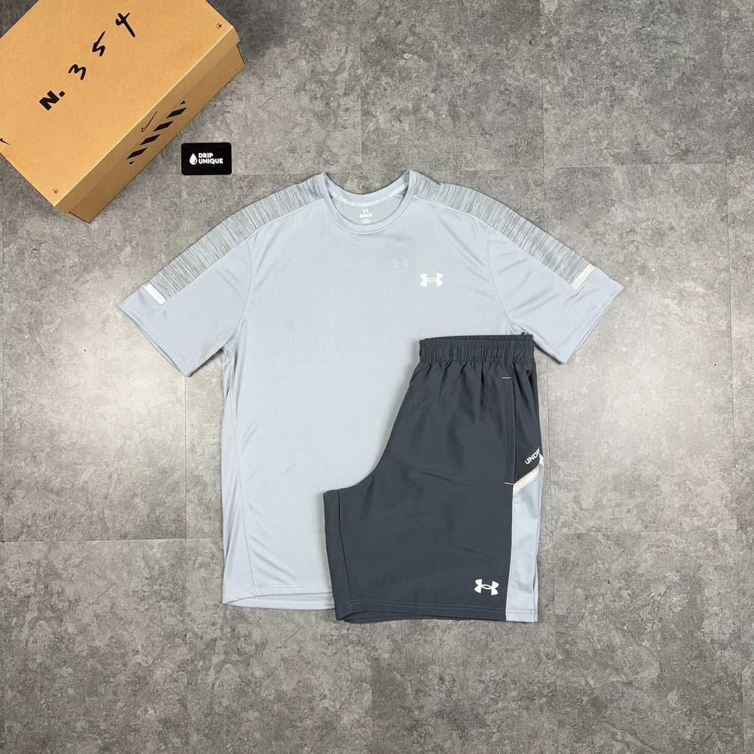 Under Armour Tech Utility T-Shirt Grey & Grey Tech Utility Shorts Set, Under Armour Set, dripuniqueuk