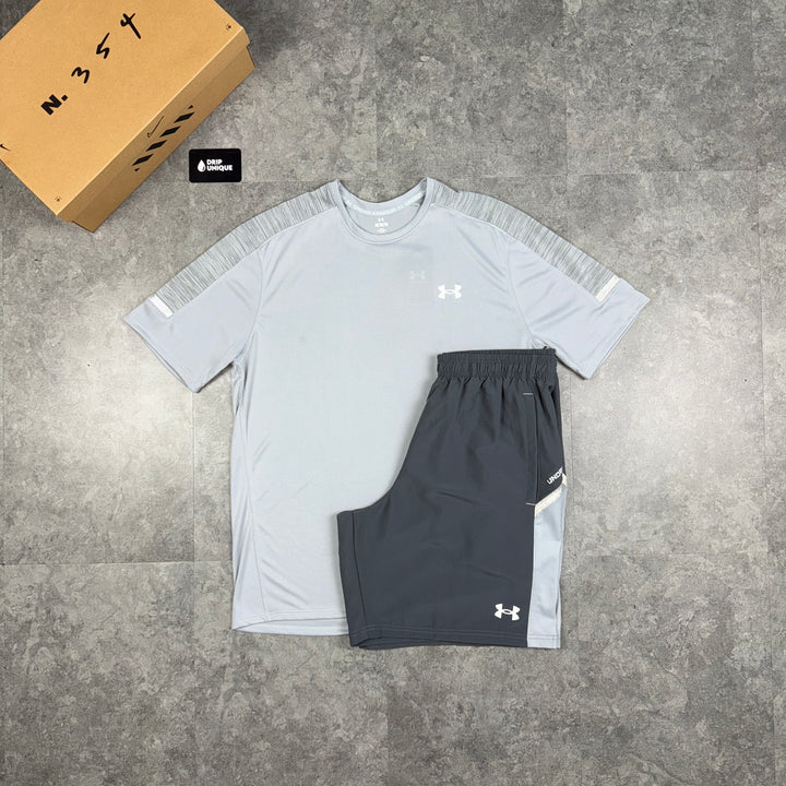 Under Armour Tech Utility T-Shirt Grey & Grey Tech Utility Shorts Set, Under Armour Set, dripuniqueuk