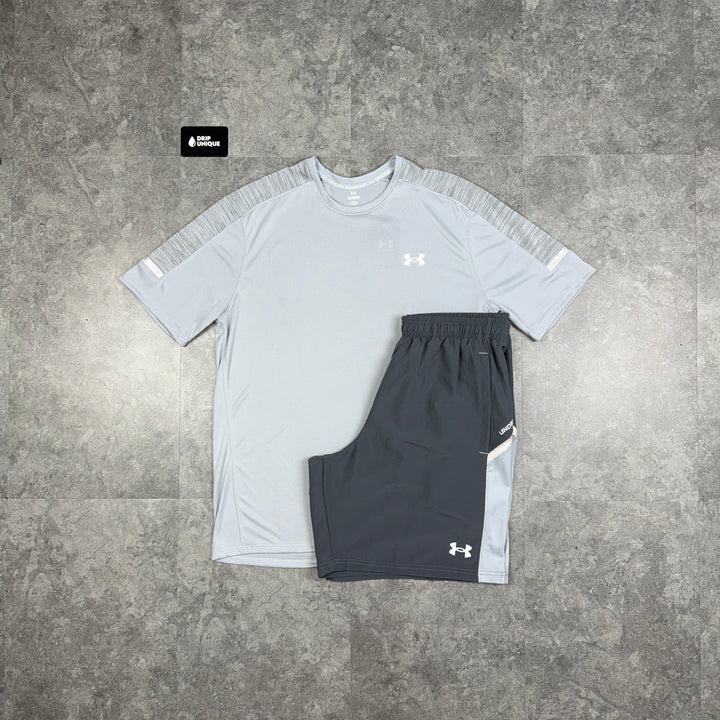 Under Armour Tech Utility T-Shirt Grey & Grey Tech Utility Shorts Set, Under Armour Sets, dripuniqueuk