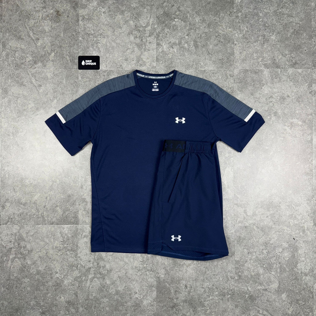 Under Armour Tech Utility T-Shirt Navy Blue & Navy Tech Utility Shorts Set, Under Armour Tracksuit, dripuniqueuk