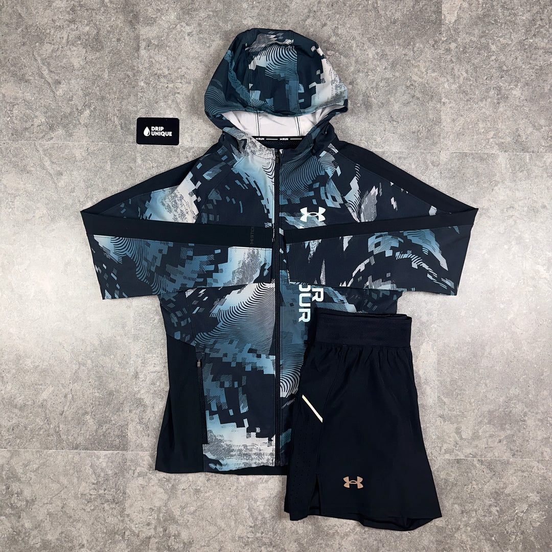 Men's Under Armour Windrunner Jacket Blue Storm & Black Launch Speed Pocket Shorts Set, dripuniquueuk