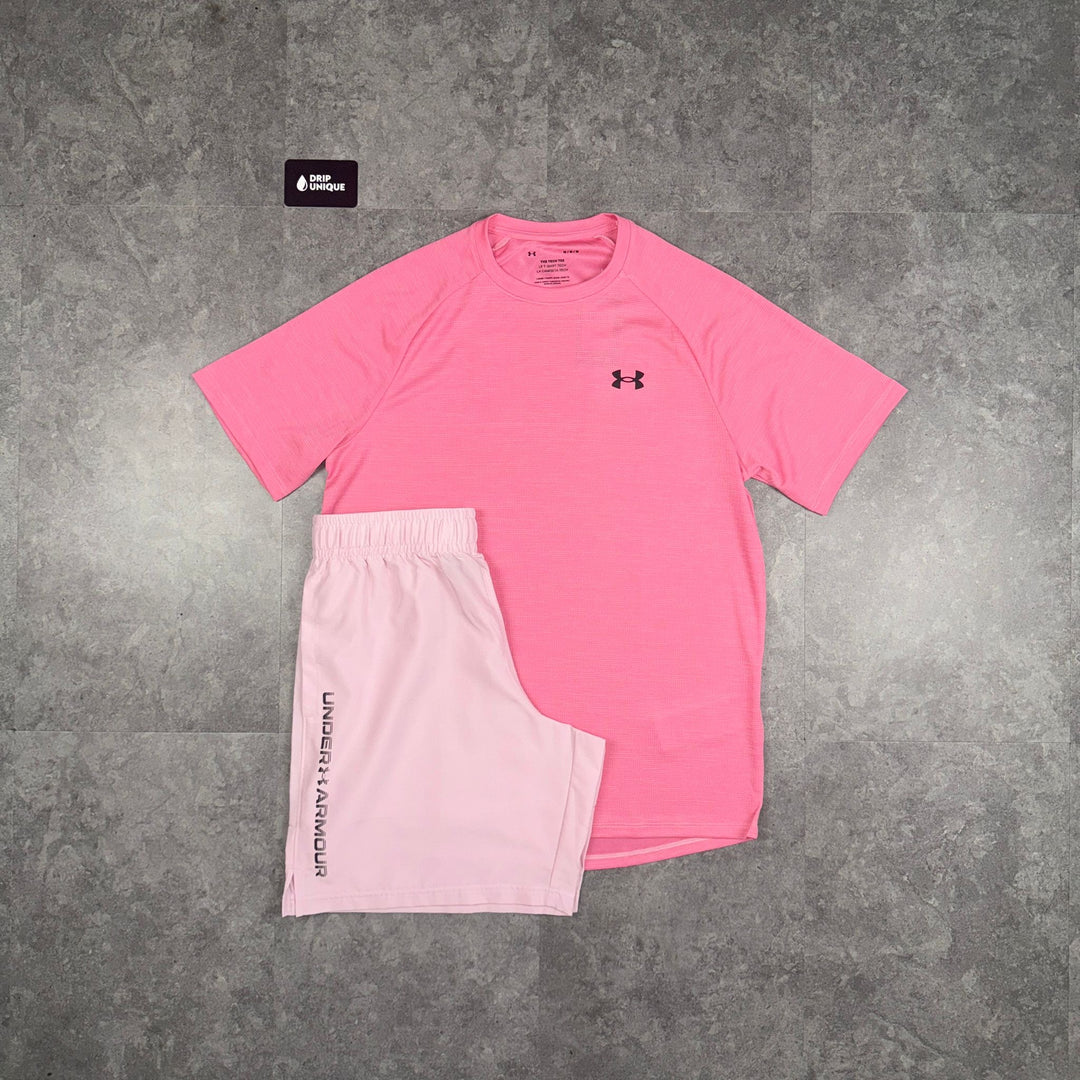 Under Armour Woven T-Shirt Pink & Pink Woven Shorts Set, Under Armour Set, dripuniqueuk
