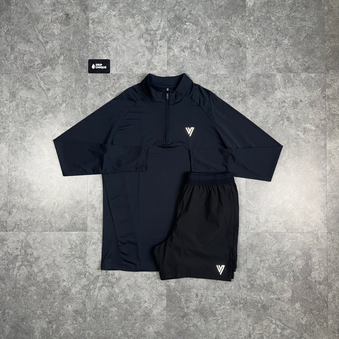 VCTRS Tiro 1/4 Zip Top Black & Black Velum Shorts Set, vctrs set, dripuniqueuk