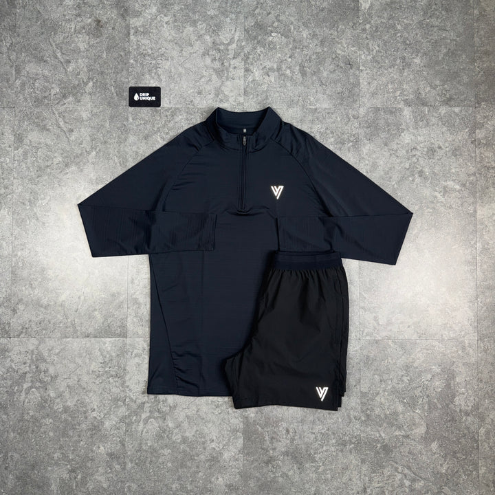 VCTRS Tiro 1/4 Zip Top Black & Black Velum Shorts Set, vctrs set, dripuniqueuk