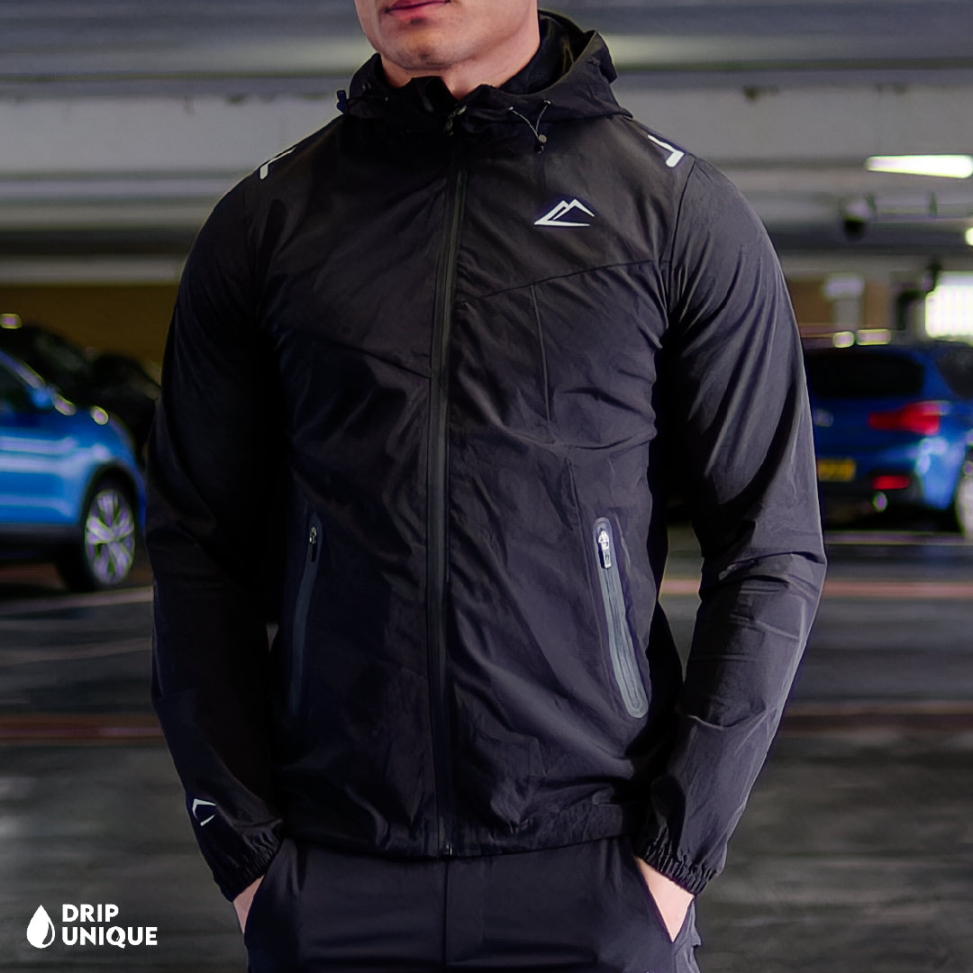 Men's ActiveLine Malay Jacket Blackout, ActiveLine Clothing, showcasing the ActiveLine Malay Jacket in the Blackout colourway, combined with the black onyx activeline pants to complete the look, worn by our model, dripuniqueuk