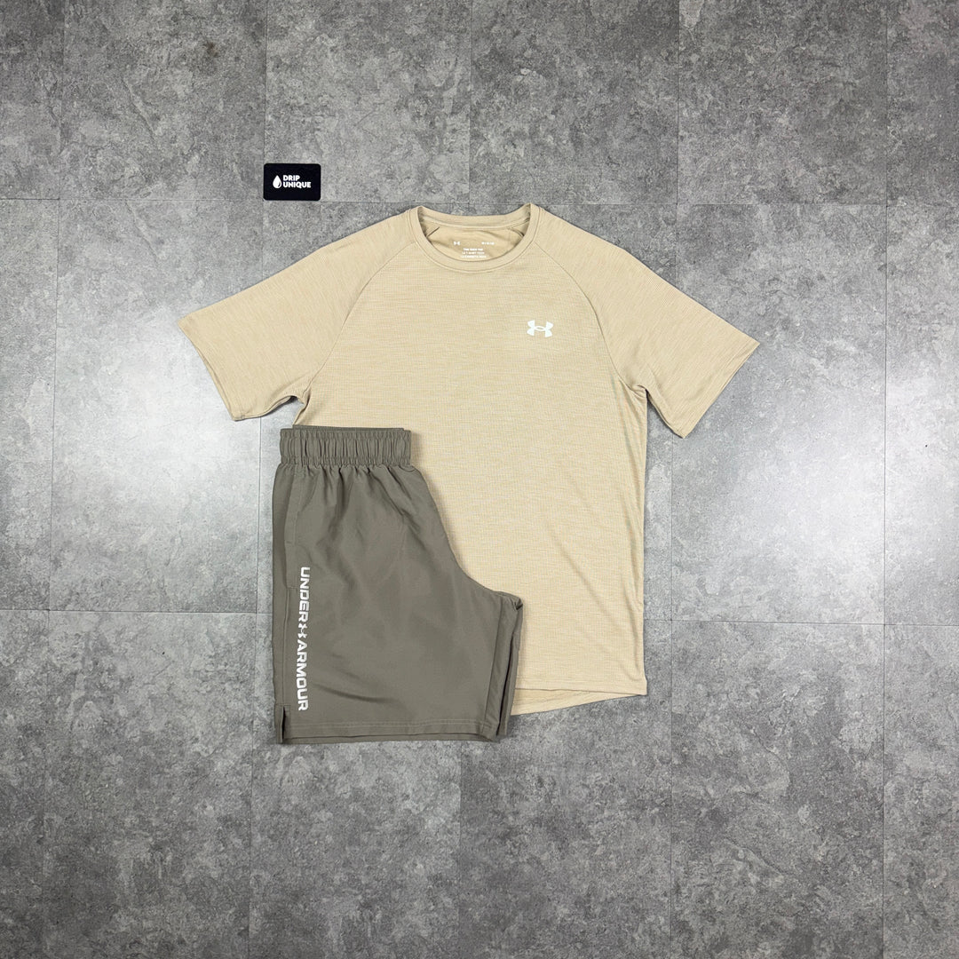 nder Armour Textured T-Shirt Beige / Beige Woodmark Shorts Set, under armour set, dripuniqueuk