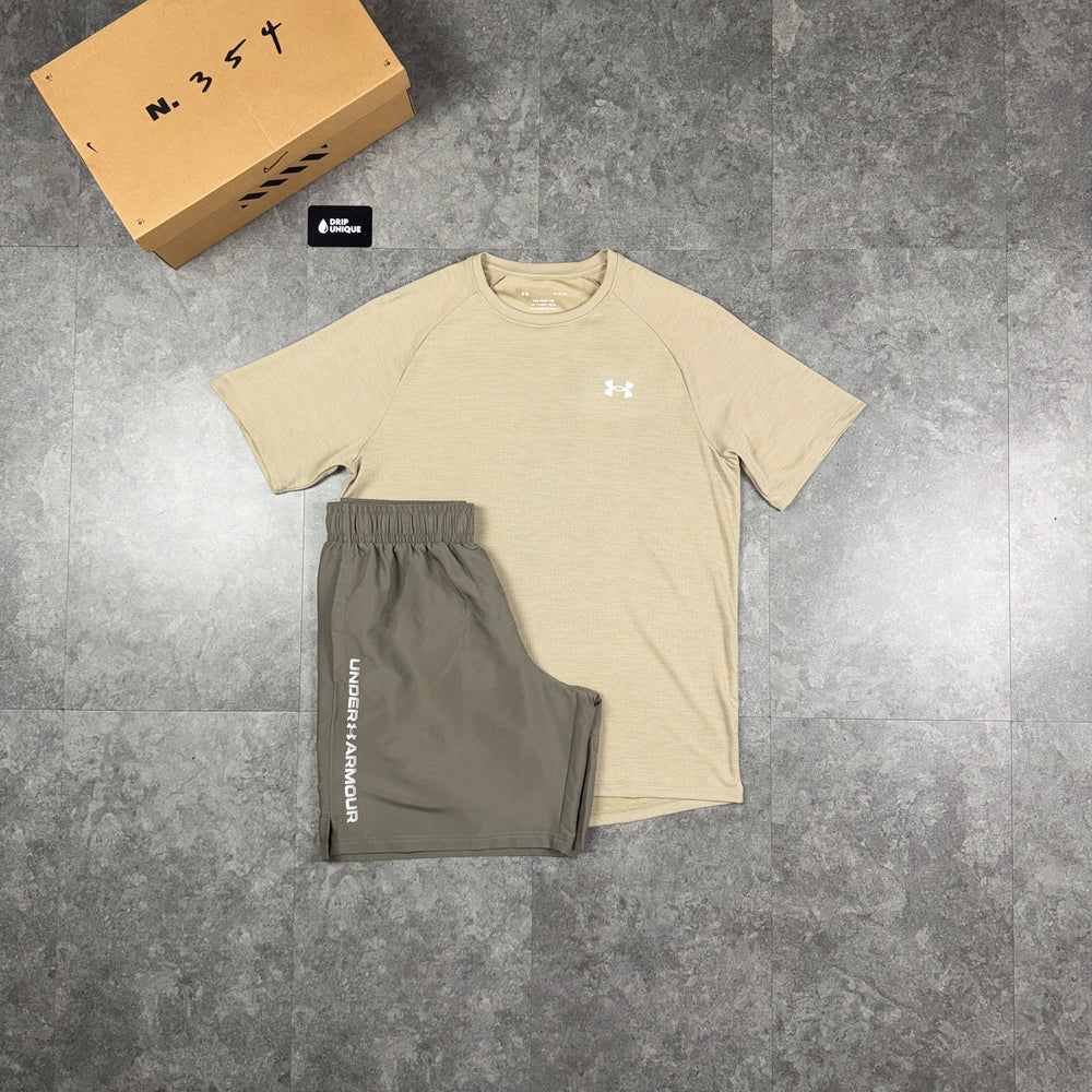 nder Armour Textured T-Shirt Beige / Beige Woodmark Shorts Set, under armour tshirt set, dripuniqueuk